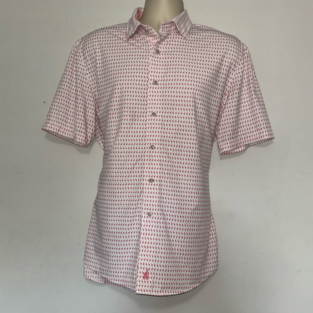 JOHNNIE-O TOP SHELF MENS LARGE SHORT SLEEVE BUTTON UP FLAMINGO PRINT